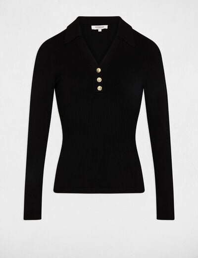 Pull ajusté col polo noir femme