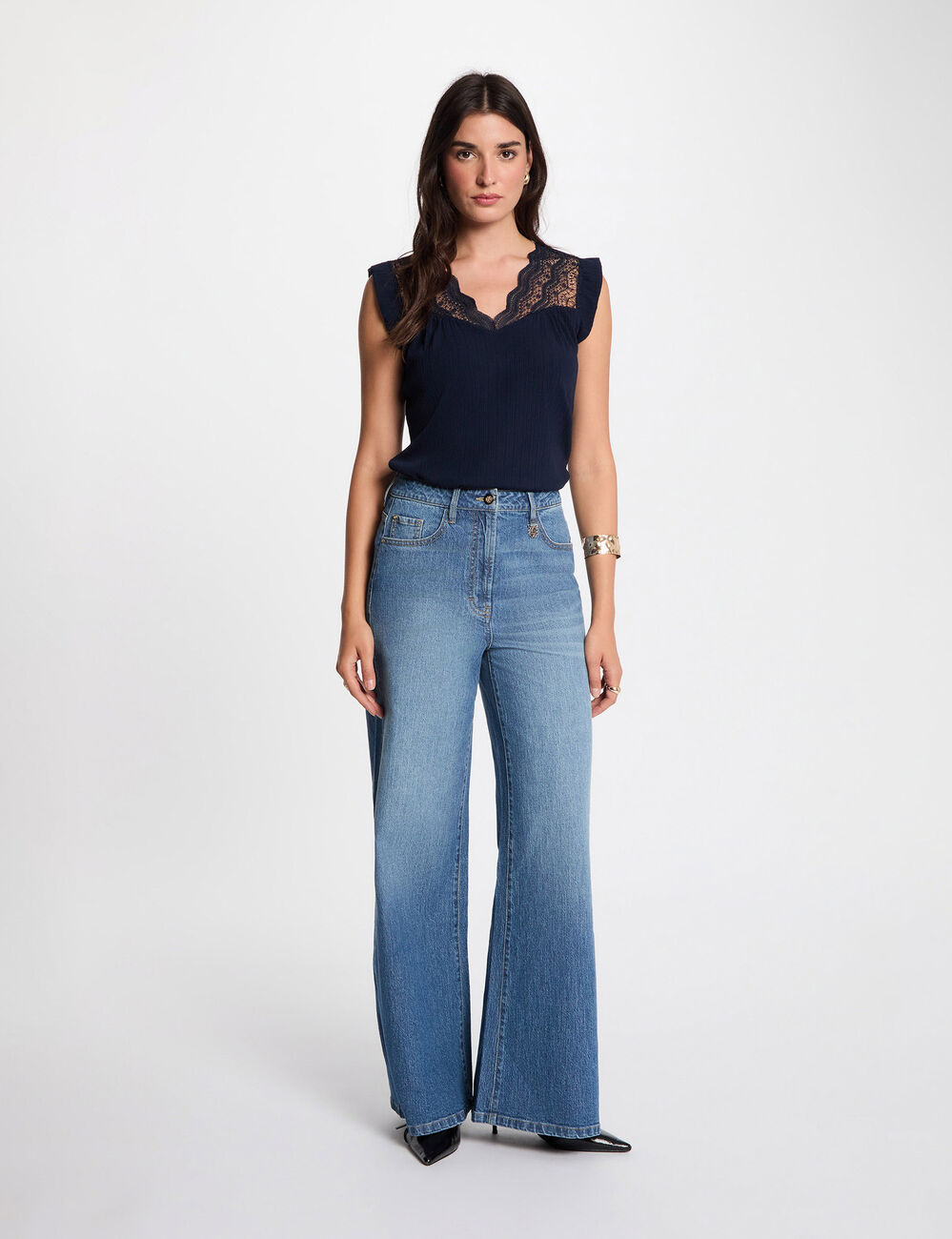 Top pliss&eacute; avec dentelle bleu marine femme