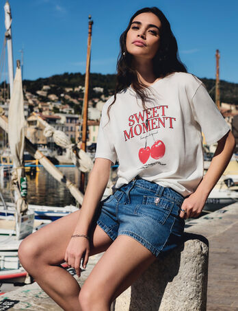 Strakke jeansshort stone washed denim vrouw