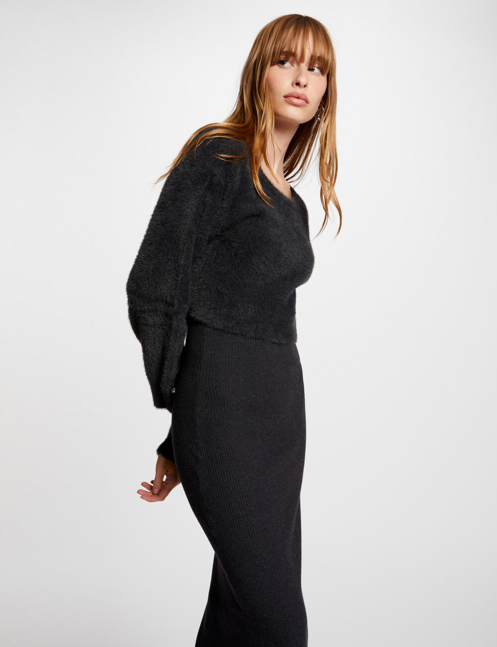 Robe tricot midi ajust&eacute;e 2-en-1 gris fonc&eacute; femme