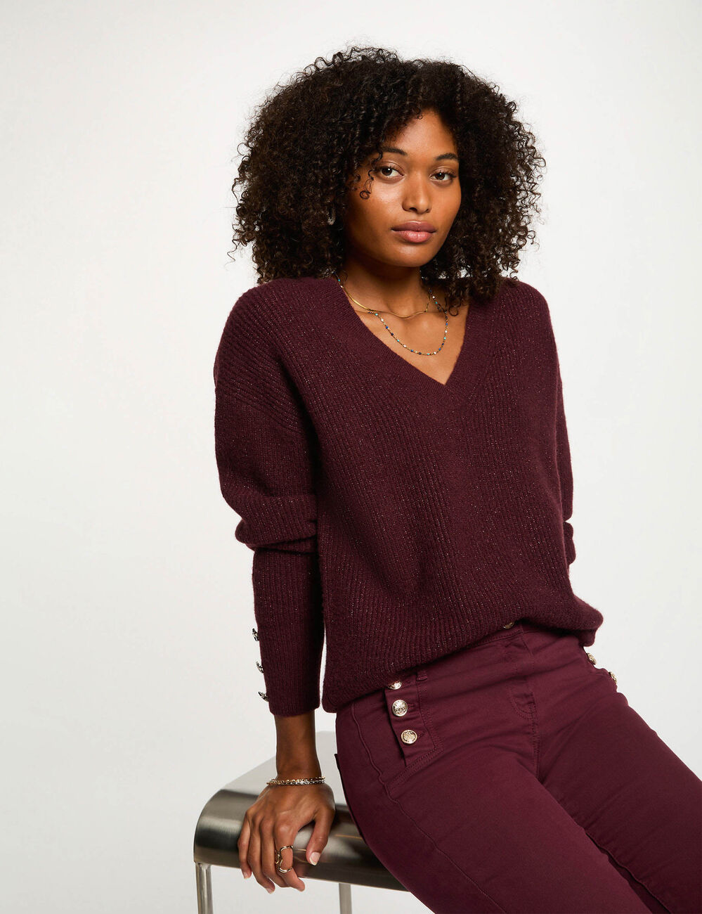Pull col en V oversize prune femme