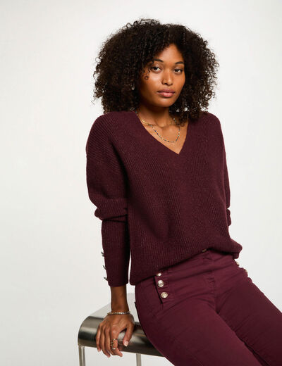 Pull col en V oversize prune femme