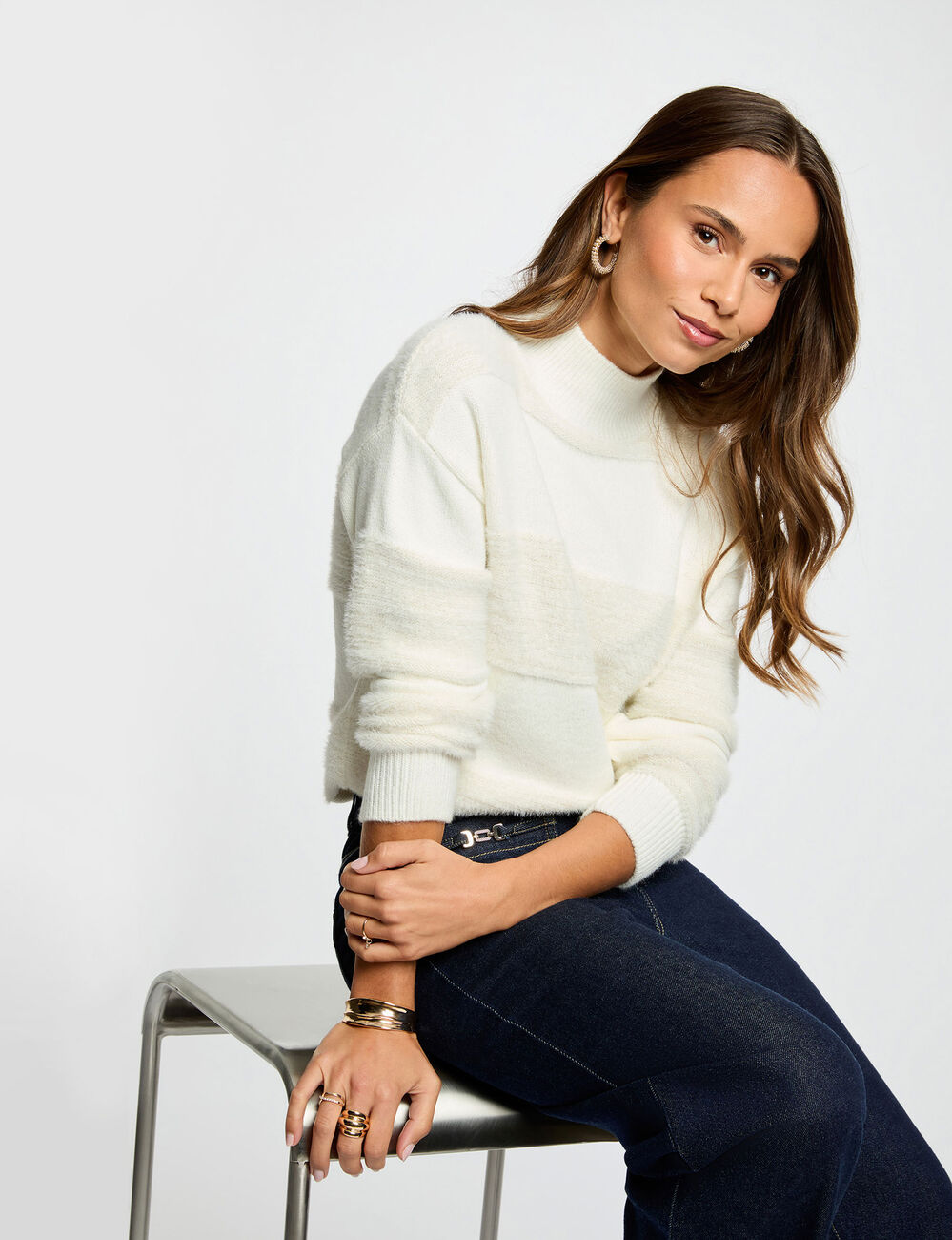 Pull col montant ivoire femme