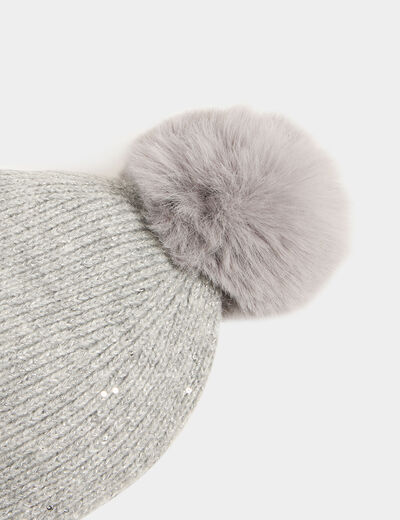 Bonnet à pompon et sequins gris moyen femme