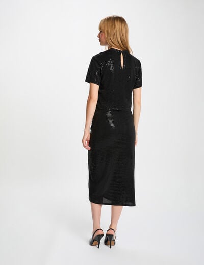 T-shirt sequins col montant noir femme