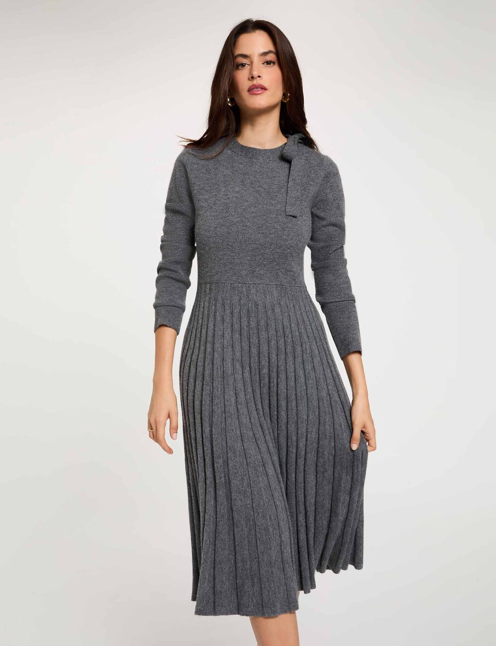Robe tricot pliss&eacute;e gris clair femme