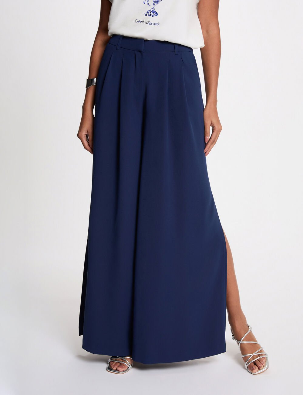 Pantalon large fluide bleu marine femme