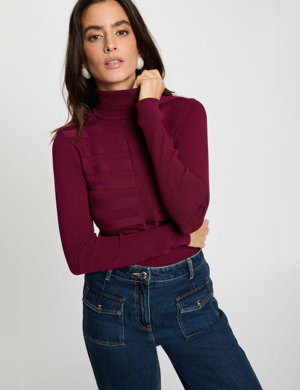 Pull col roulé ajusté prune femme
