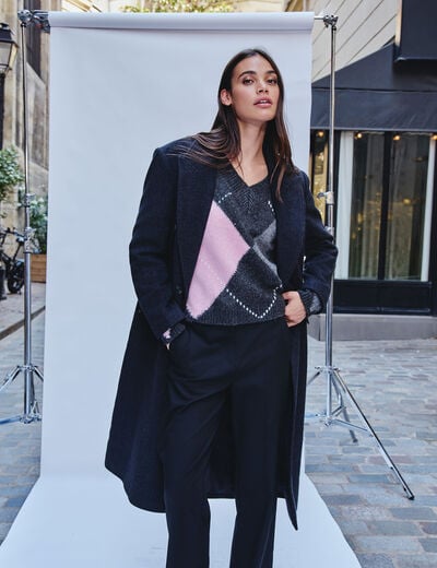 Lange mantel met reverskraag donkergrijze denim vrouw
