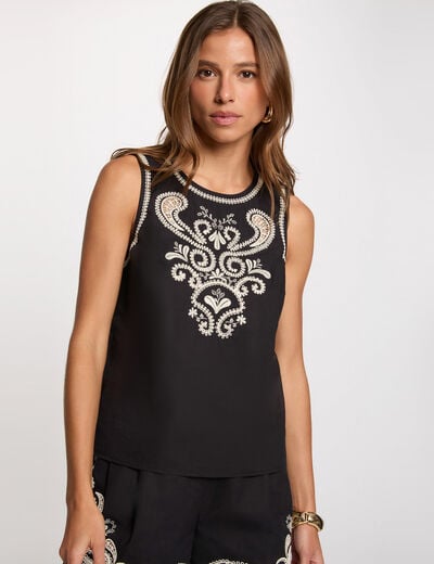 Top brod&eacute; sans manches noir femme