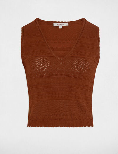 Gebreide top met V-hals cognacbruin vrouw
