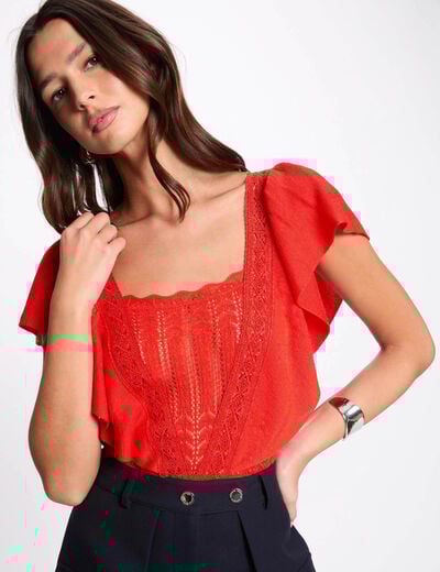 Pull manches courtes dentelle orange femme
