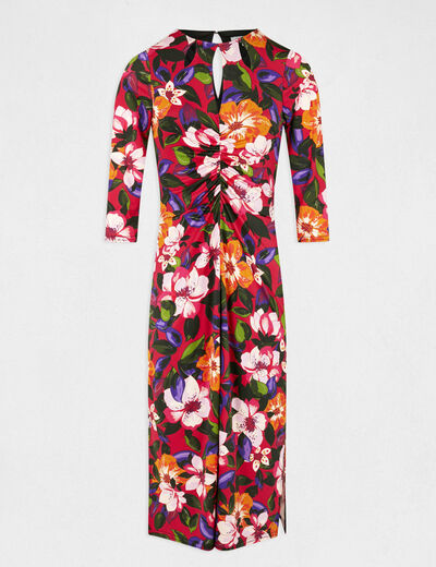 Robe midi ajustée froncée imprimé floral multico femme