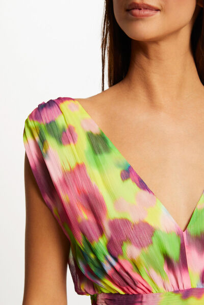 Robe longue cintrée imprimé abstrait multico femme
