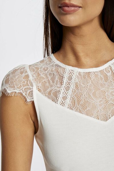 T-shirt manches courtes à dentelle ecru femme