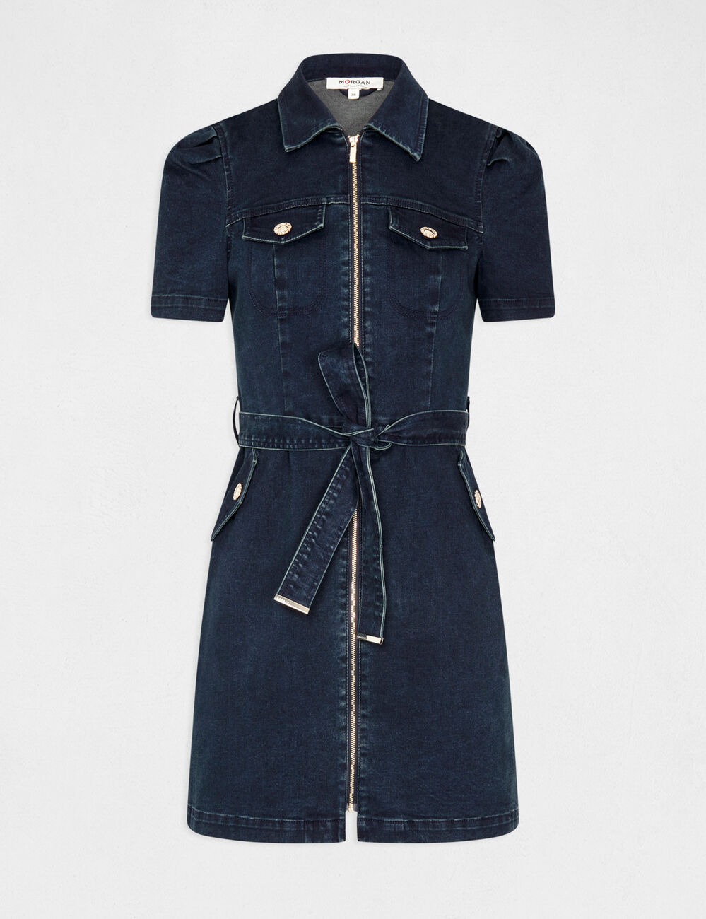 Robe droite zippée ceinturée en jean jean brut femme