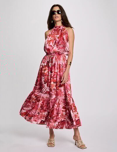 Robe satin&eacute;e col montant multicolore femme