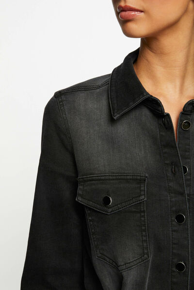 Aansluitende denim jumpsuit met ceintuur antracietgrijs vrouw