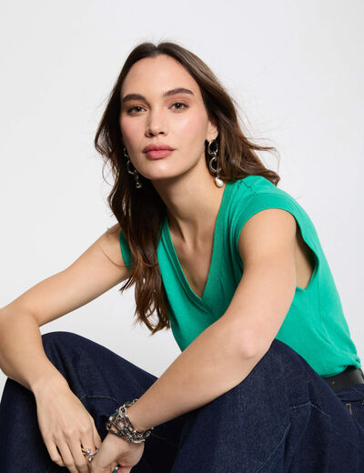 T-shirt manches courtes à col en V vert émeraude femme