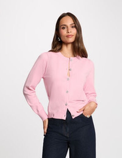 Gilet tricot col rond rose pastel femme
