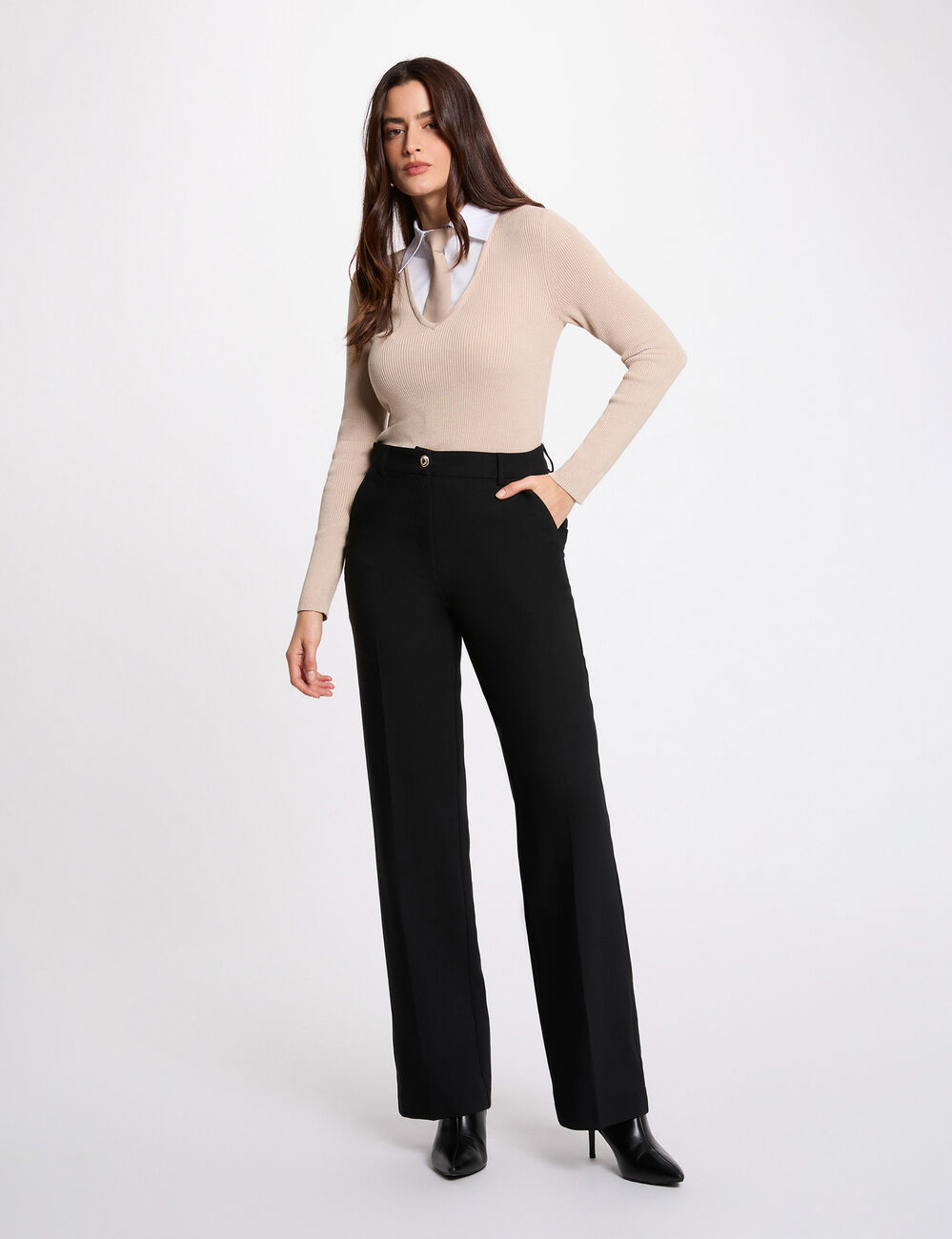 2-in-1 trui met omgeslagen kraag beige vrouw