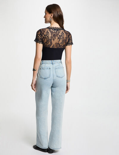 T-shirt met korte mouwen van kant marineblauw vrouw