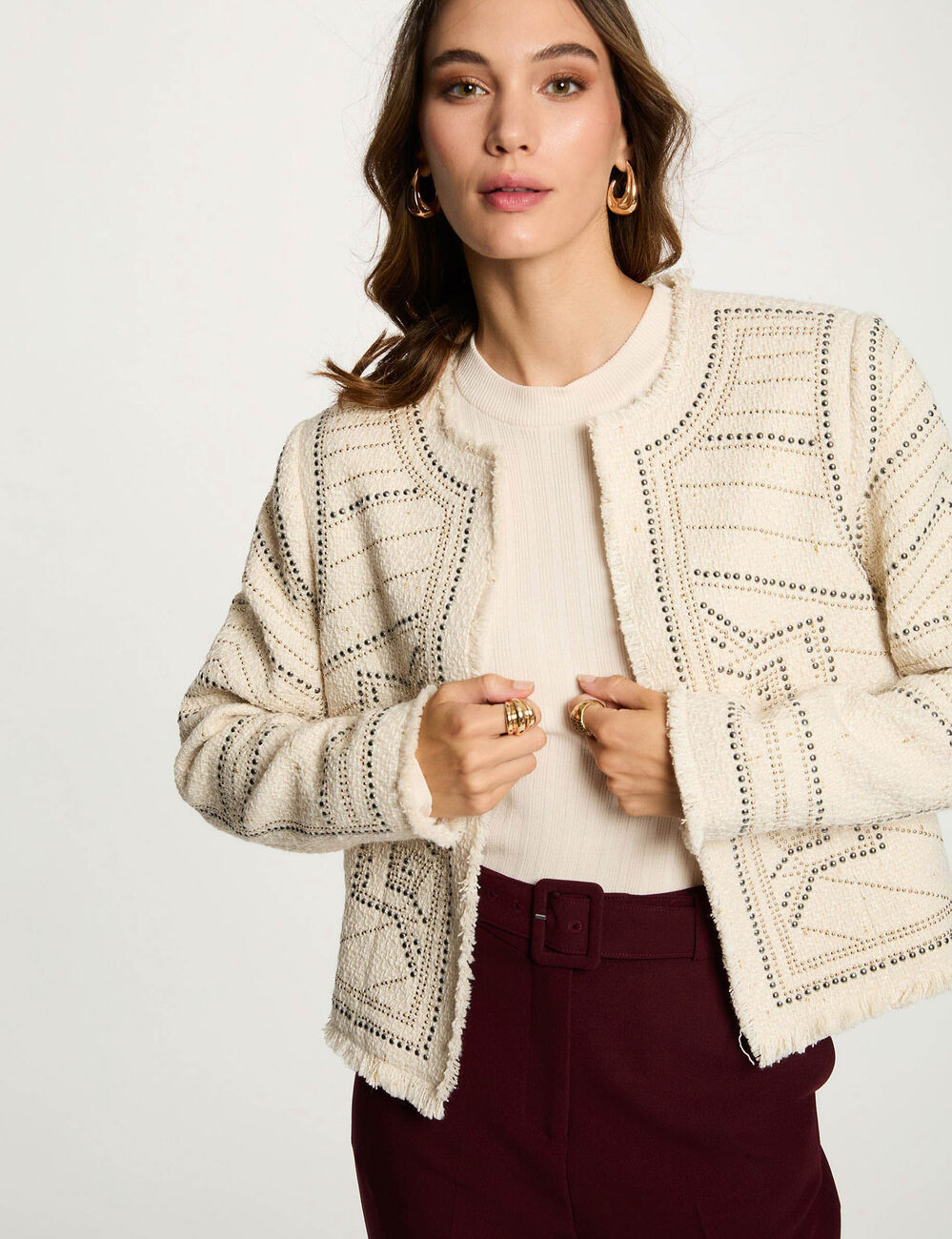 Veste droite clout&eacute;e ivoire femme