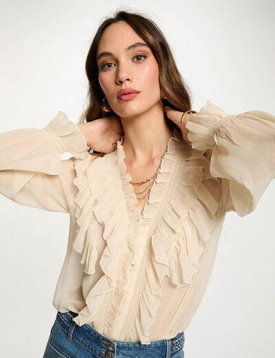 Vloeiende blouse met V-hals creme vrouw