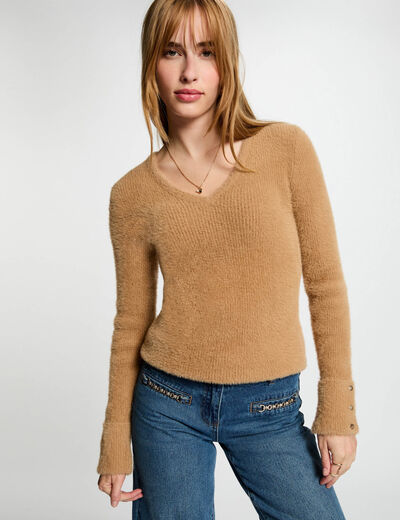 Pull manches longues maille duveteuse camel femme