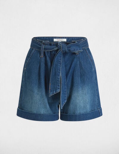 Korte broek van denim met riem stone washed denim vrouw