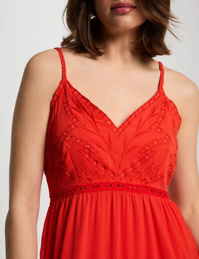 Robe longue fluide broderie orange femme
