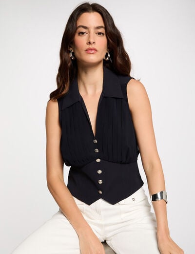 Mouwloze top met plooien marineblauw vrouw