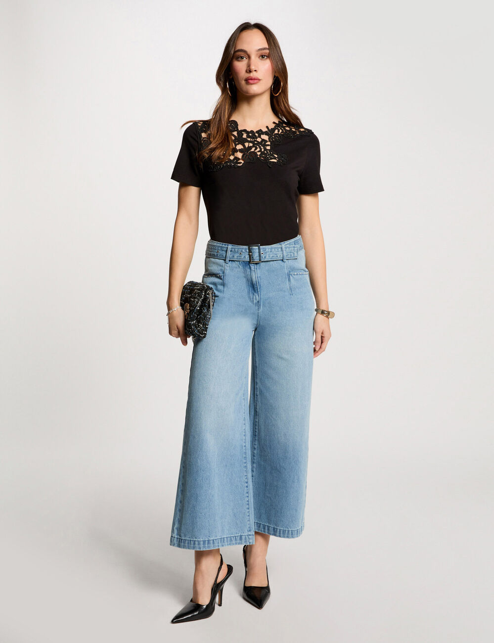 7/8 wijde jeans met ceintuur gebleekt denim vrouw