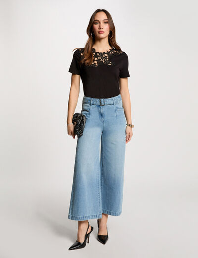 Jeans large 7/8ème ceinturé denim bleach femme