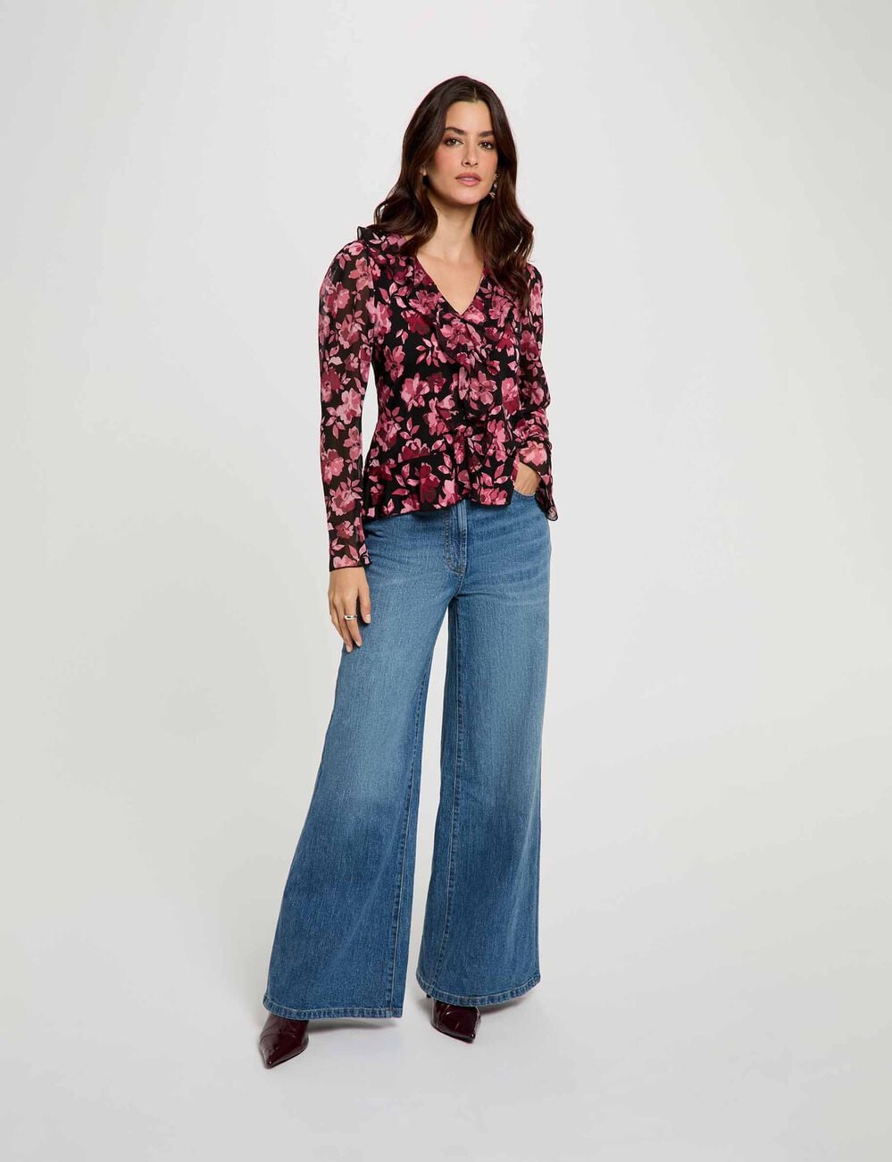Blouse met V-hals en ruches meerkleurig vrouw