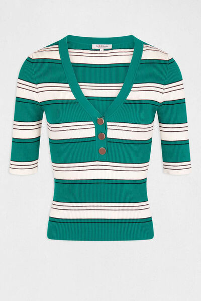 Pull manches courtes à rayures vert moyen femme