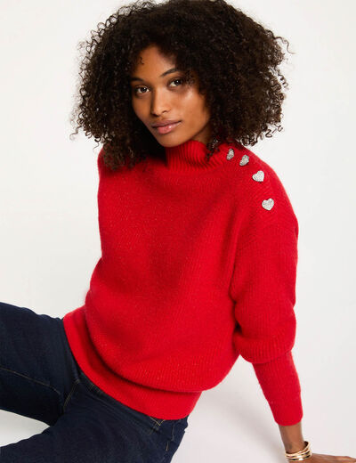 Pull manches longues avec boutons rouge femme