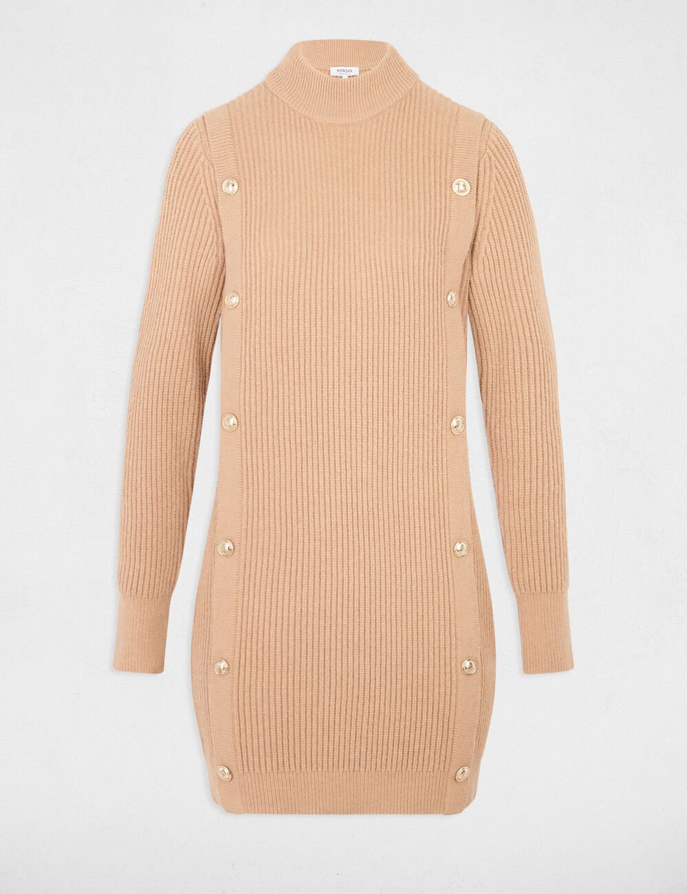 Robe tricot courte col rond beige femme