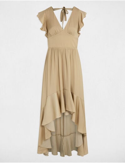 Robe longue droite satin beige femme