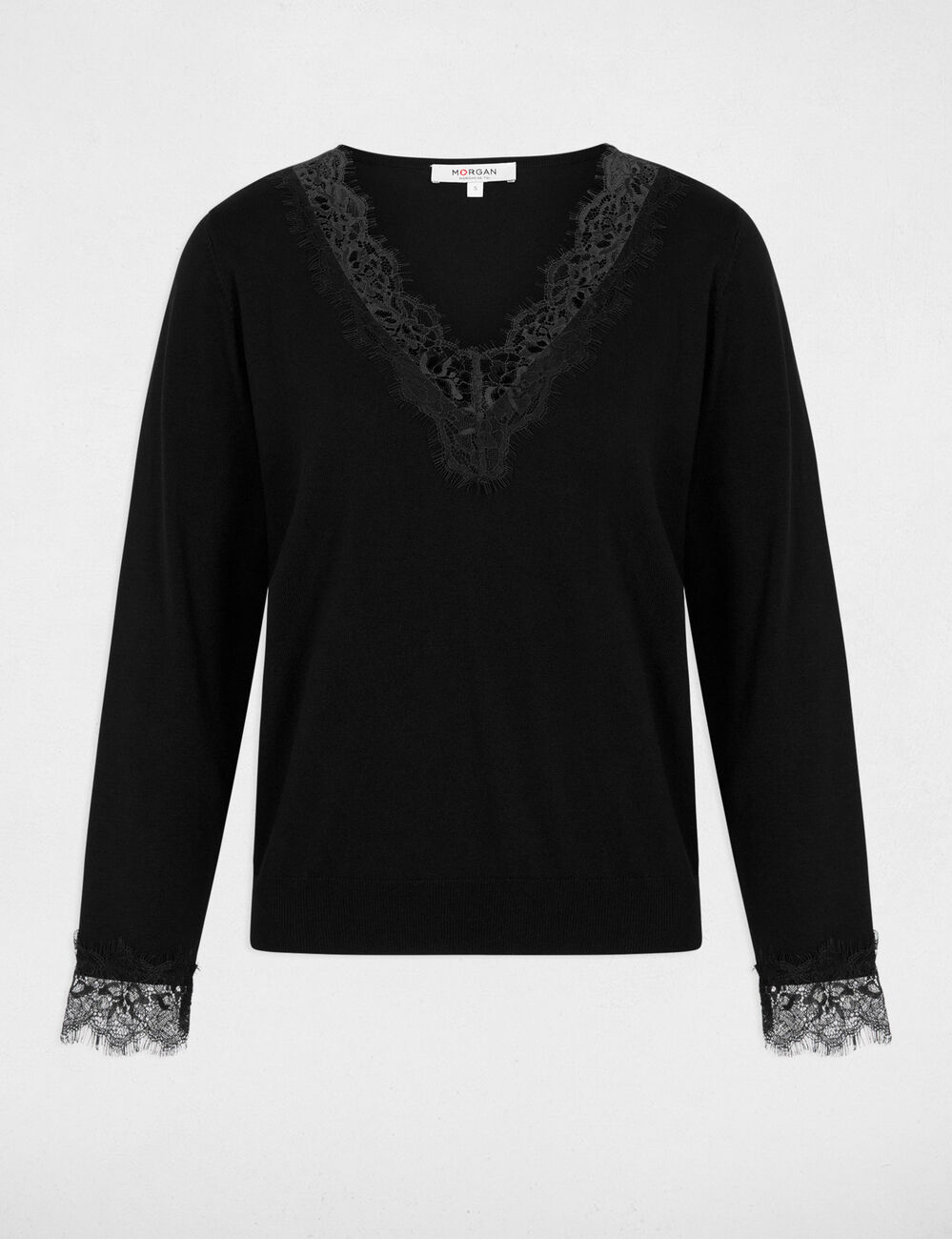 Pull col v dentelle noir femme