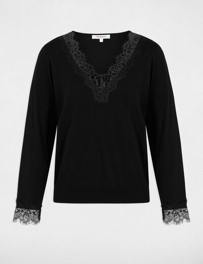 Pull col v dentelle noir femme