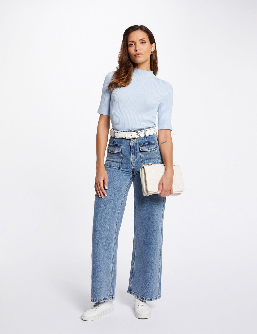 Wijde 7/8 jeans met hoge taille dubbel stone washed denim vrouw