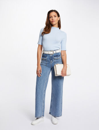 Wijde 7/8 jeans met hoge taille dubbel stone washed denim vrouw