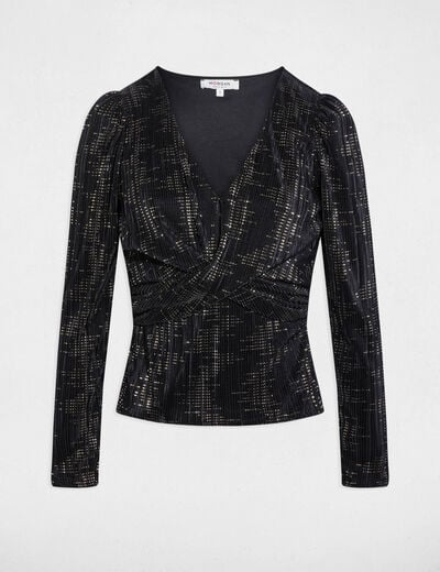 Geplooid V-hals T-shirt zwart vrouw