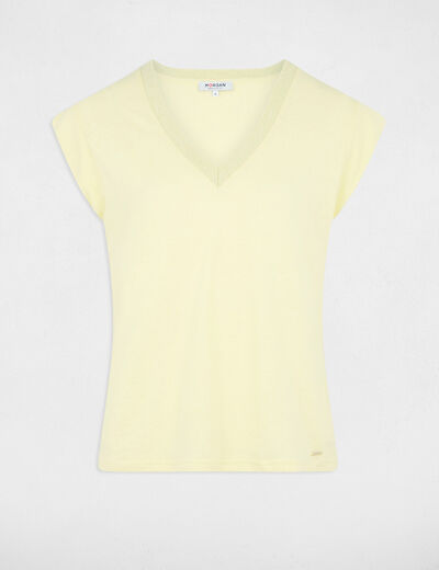 T-shirt manches courtes à col en V jaune clair femme