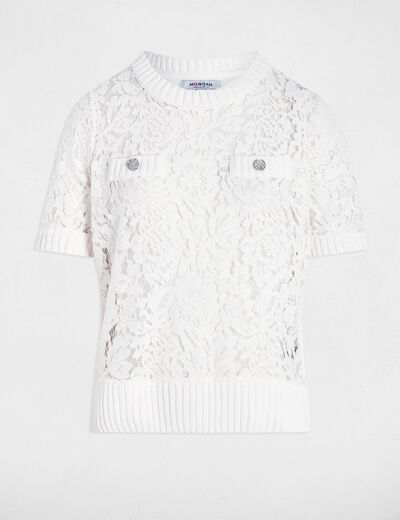 Pull manches courtes dentelle blanc femme