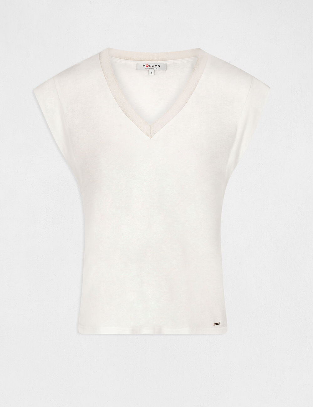T-shirt met V-hals en korte mouwen ivoor vrouw