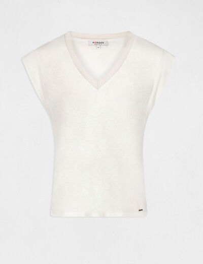 T-shirt met V-hals en korte mouwen ivoor vrouw