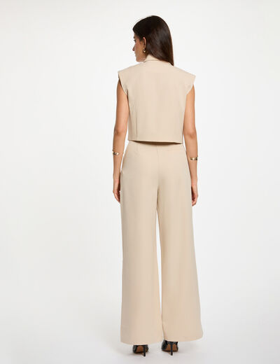 Pantalon large taille haute beige femme