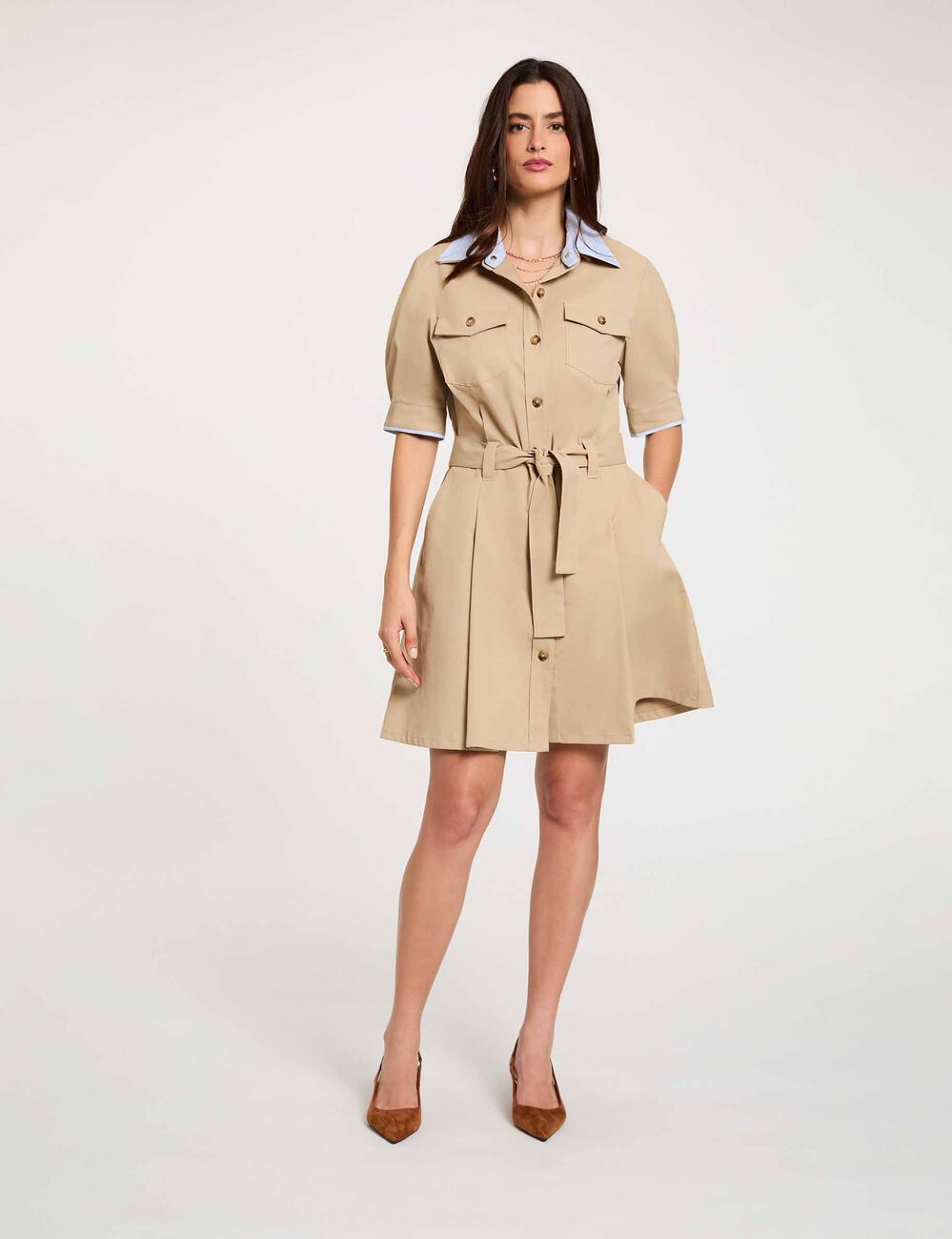 Robe courte col &agrave; revers beige femme